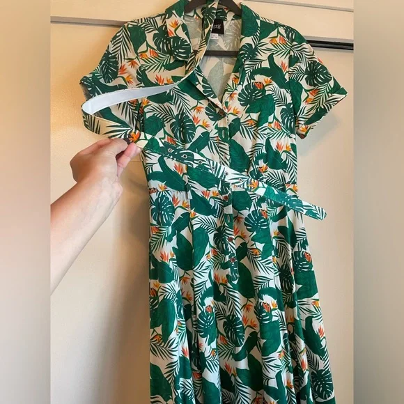 Collectif Green Tropical Print Dress S UK 10 Birds of Paradise Caterina Swing - Picture 9 of 10